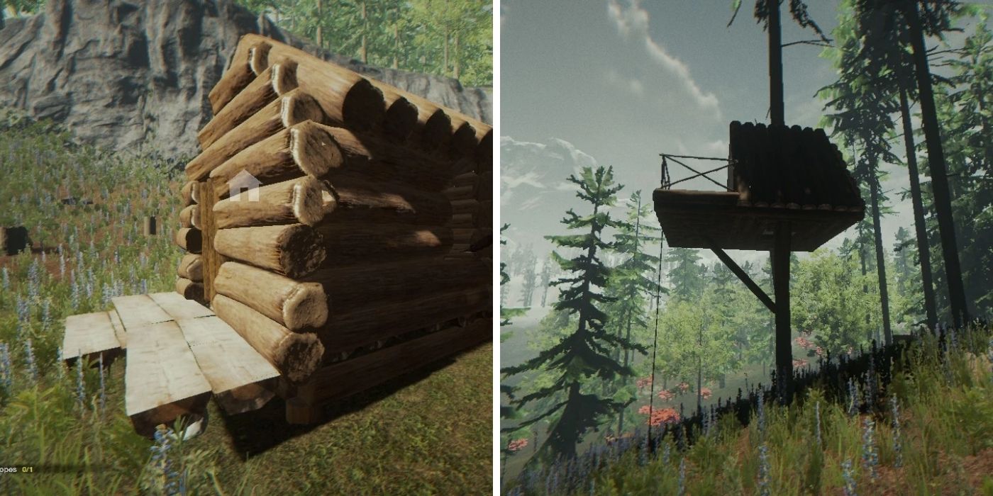 The Forest: A log cabin and a tree house