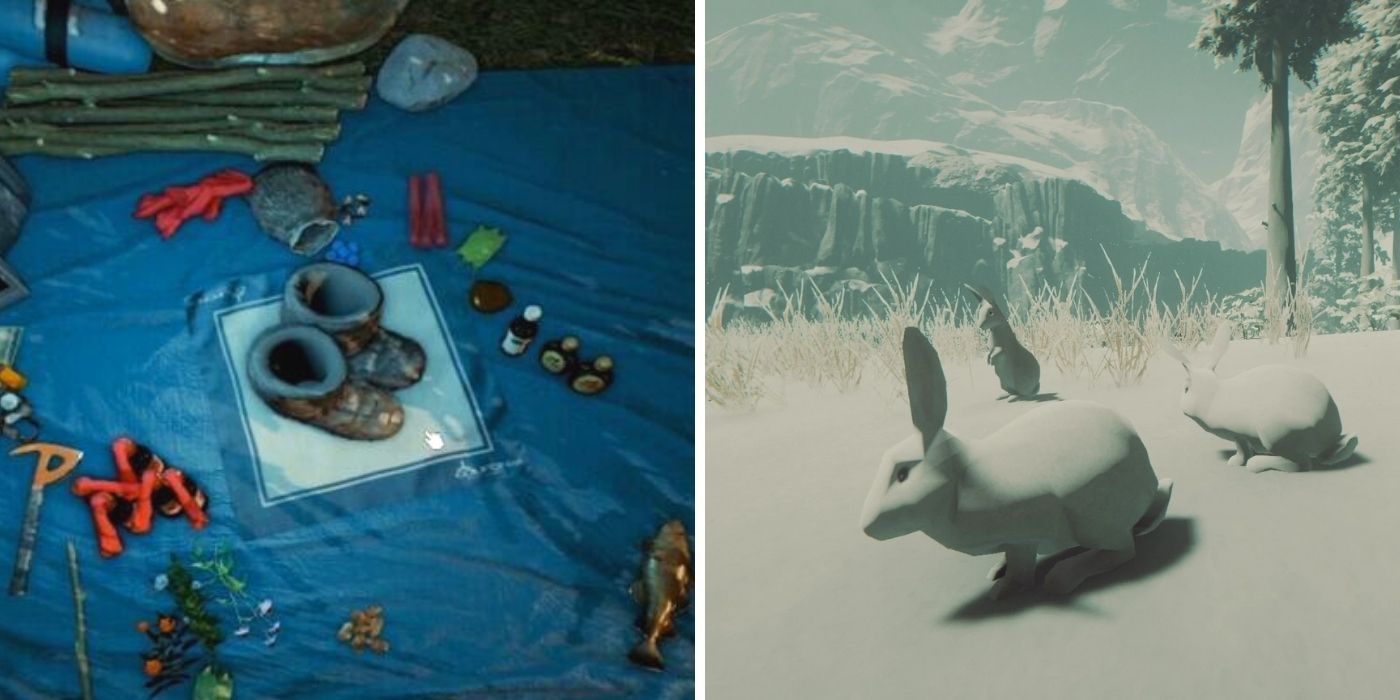 The Forest: Rabbit Fur Boots in the crafting menu - A group of white rabbits in the snow