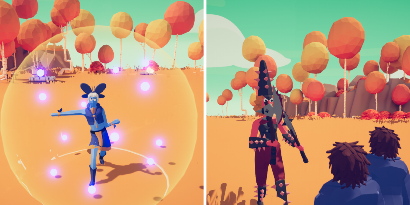 Totally Accurate Battle Simulator - The Celestial Aegis in force field - The Exiled Sentinel holding axes