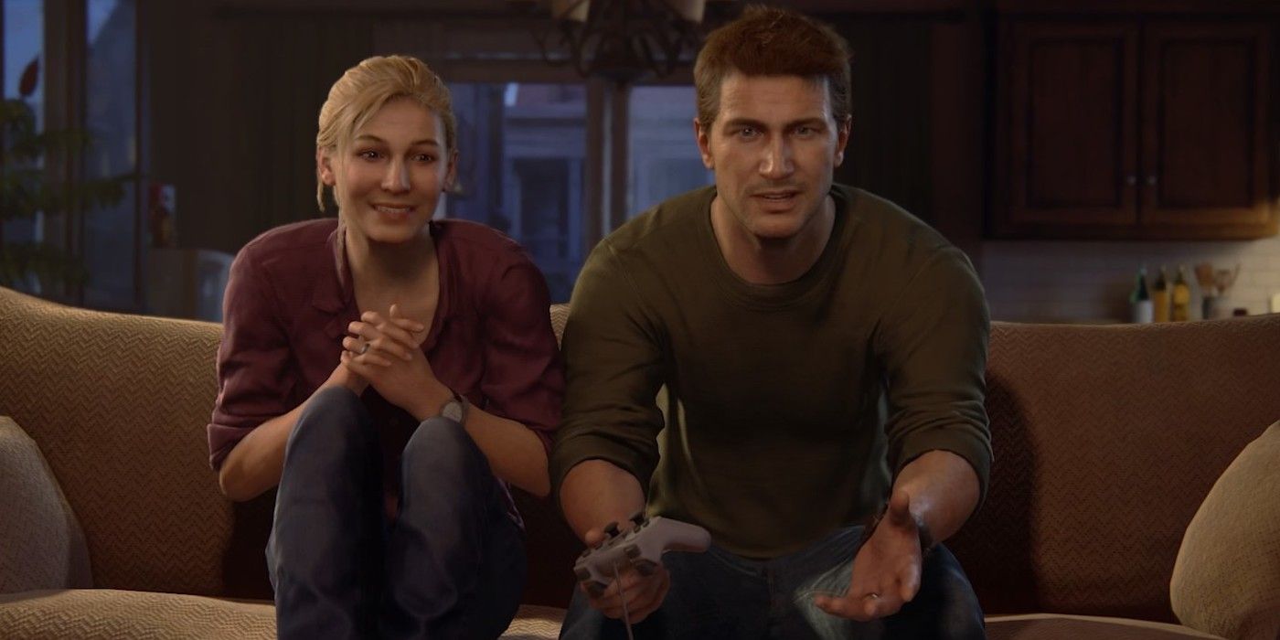 Uncharted 4 Elena and drake playing playstation