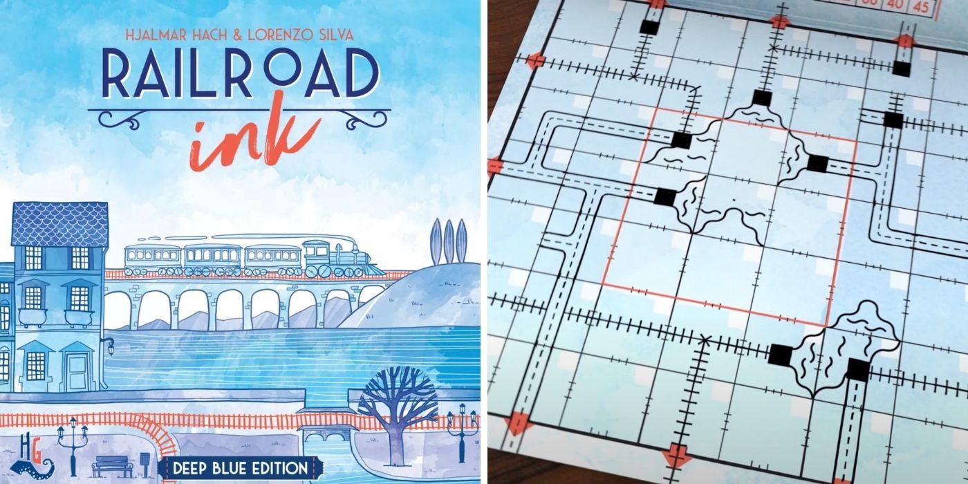 The cover of Railroad Ink and a close up of the playing mat