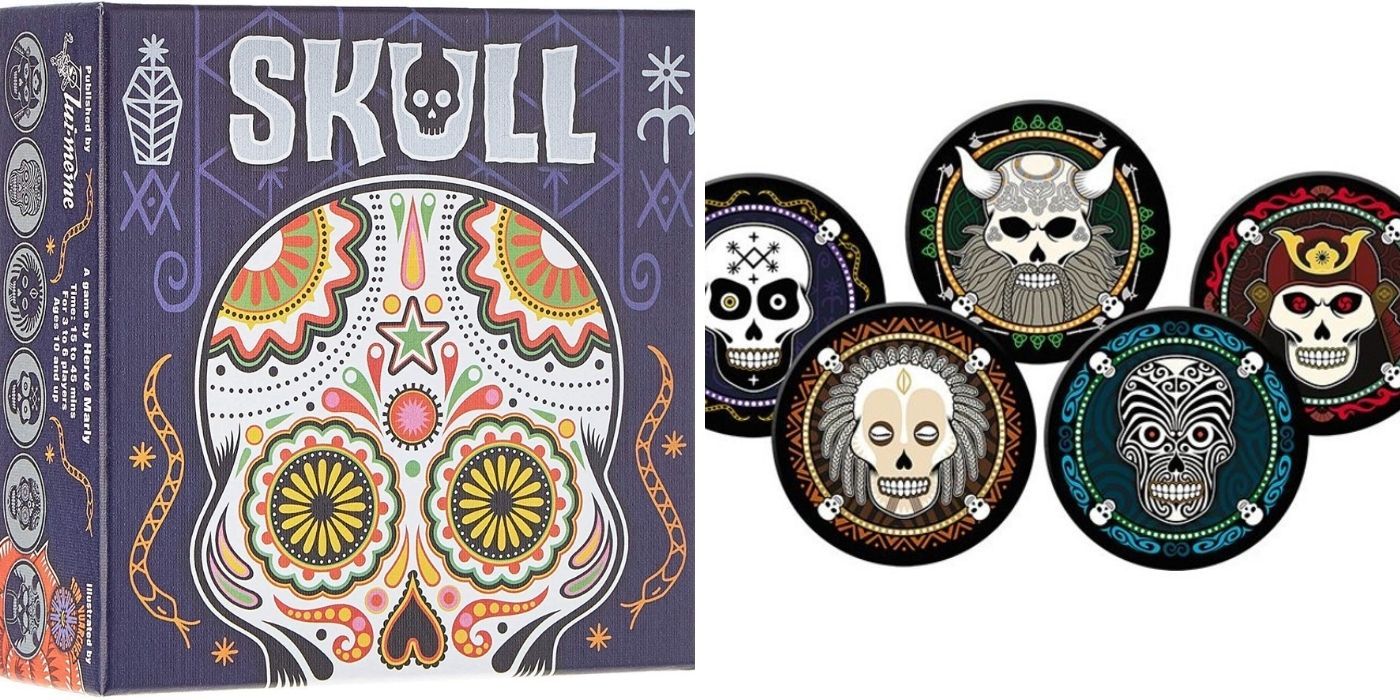 The box of the boardgame Skull and 5 of it’s skull tokens
