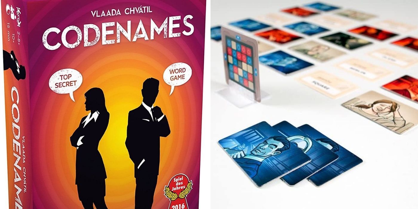 The Codenames box and the cards inside laid out