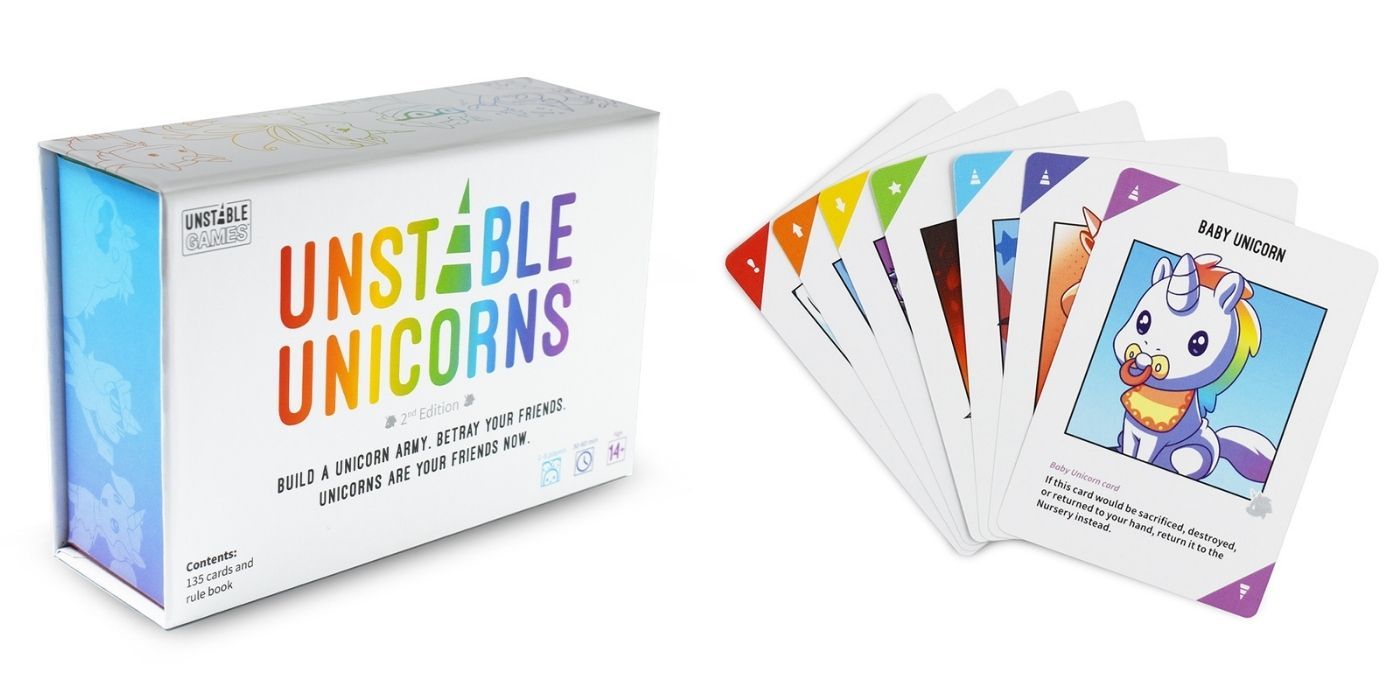 The box of Unstable Unicorns and some baby unicorn cards