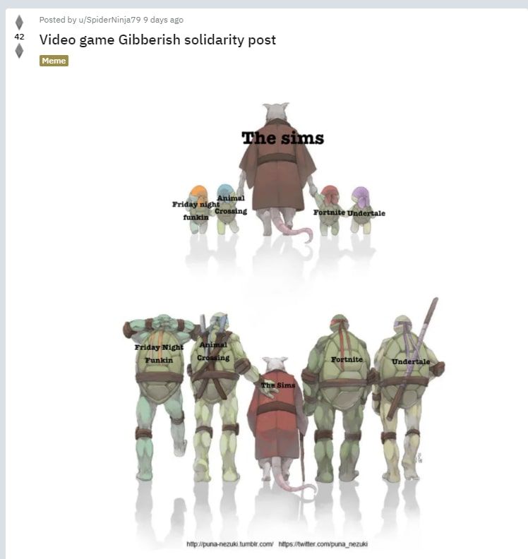 A screenshot of an image posted to Reddit by user 'SpiderNinja79', titled "Video game Gibberish solidarity post". In the top of the image we see Master Splinter holding the hands of the Teenage Mutant Ninja Turtles as children, with their backs backs facing us. Below this is the Turtles grown up on either side of Splinter, now bigger and taller than him, making Splinter appear smaller and more frail. In both instances, Splinter is labelled "The sims" and each of the Turtles have a different vide