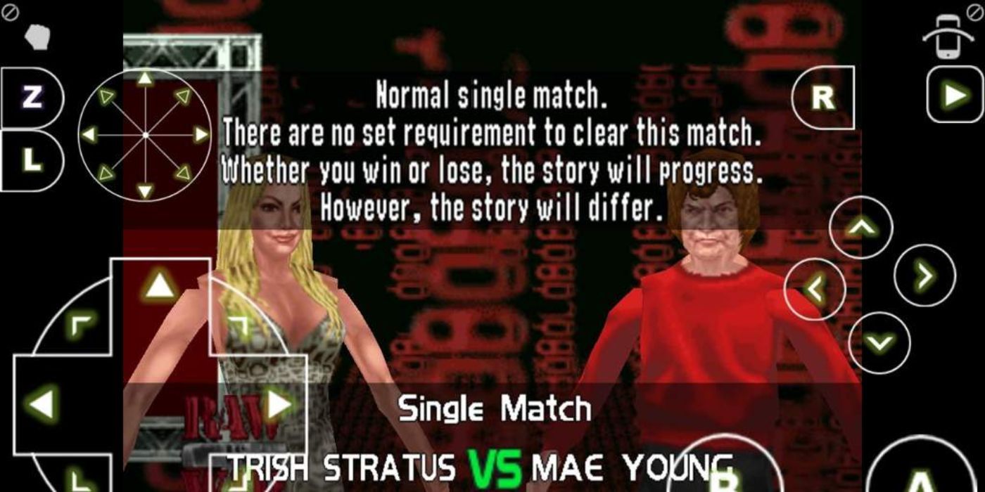 Trish Stratus vs. Mae Young on the pre-match screen during the women's championship story mode on a phone version of WWF No Mercy