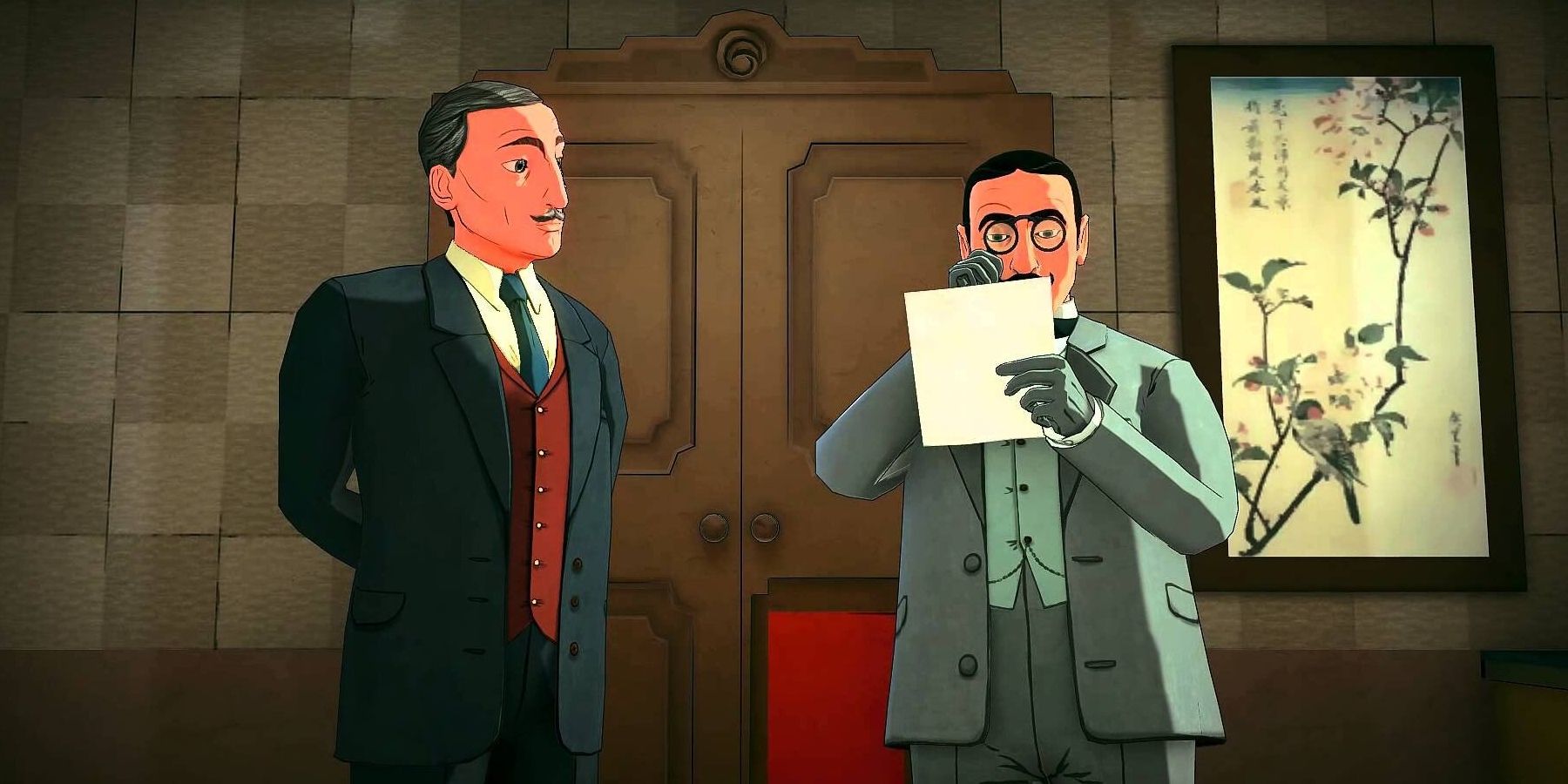Two men looking at a note.