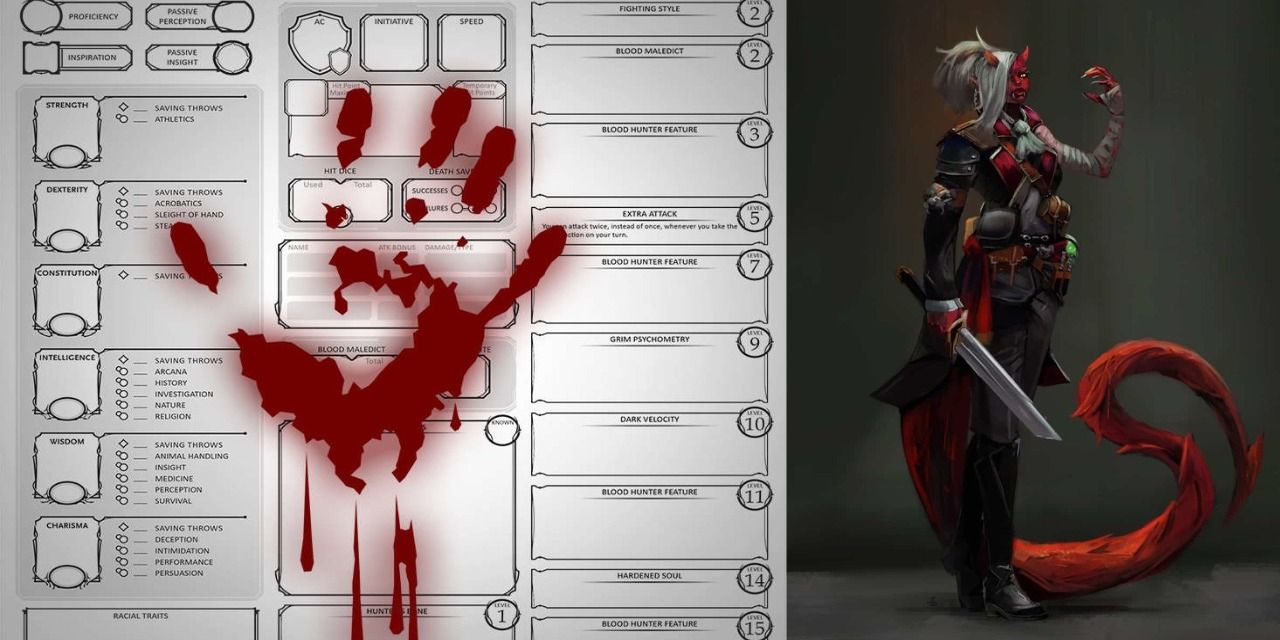 split image, Tiefling Blood Hunter right, char sheet with bloody handprint on left