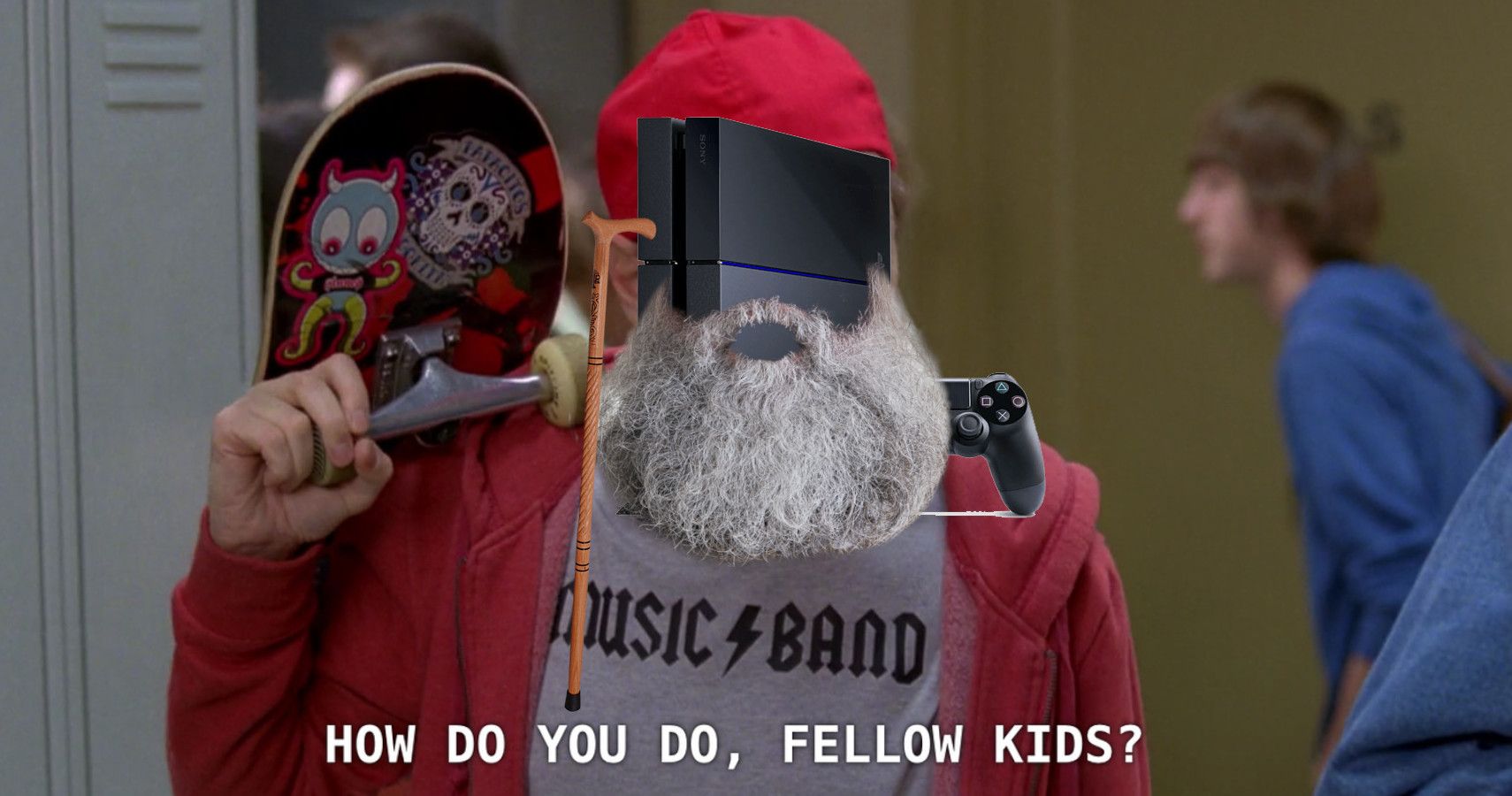 a ps4 with a beard and a walking stick on the how do you do fellow kids meme