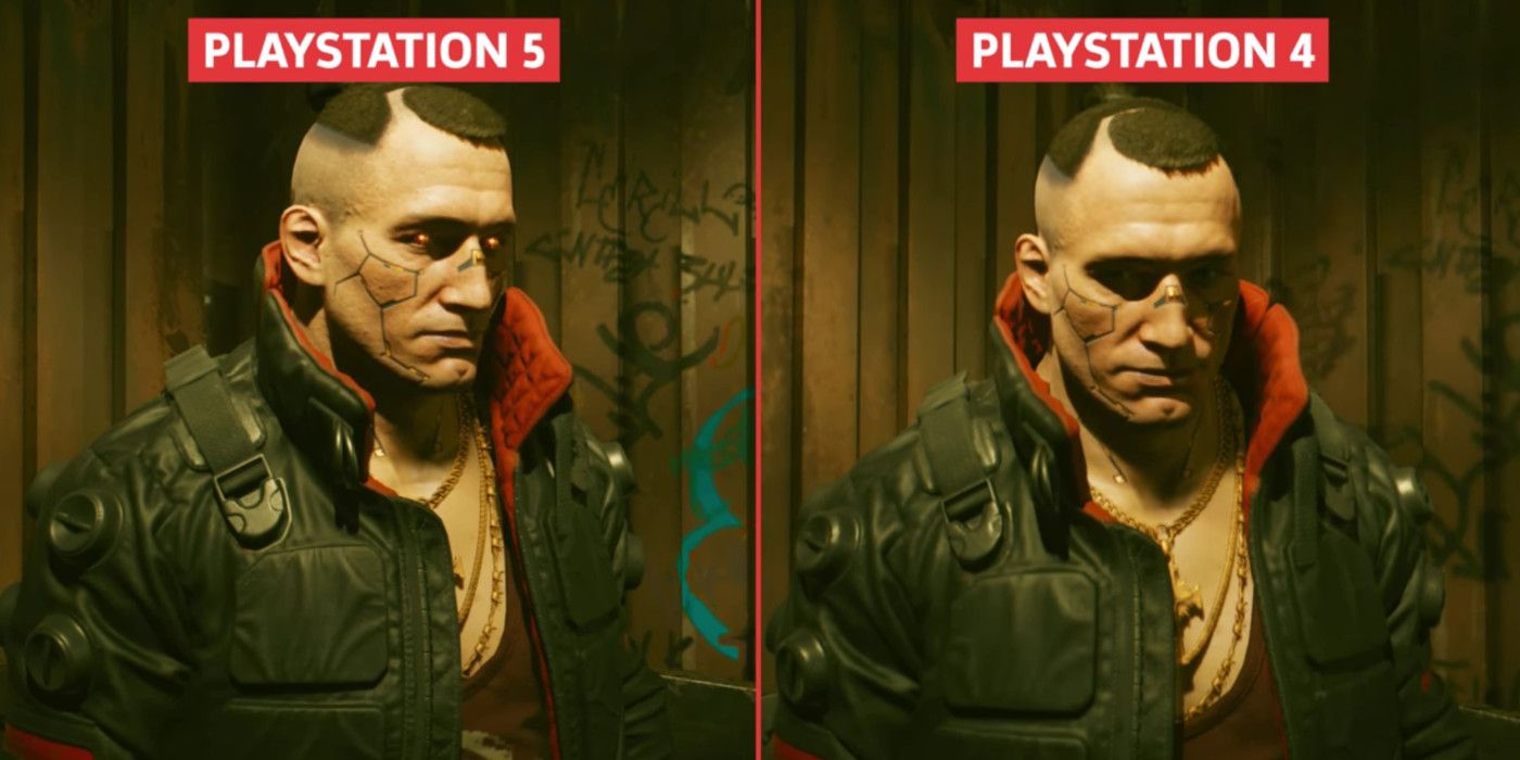 split comparisson of cyberpunk textures on ps4 and ps5