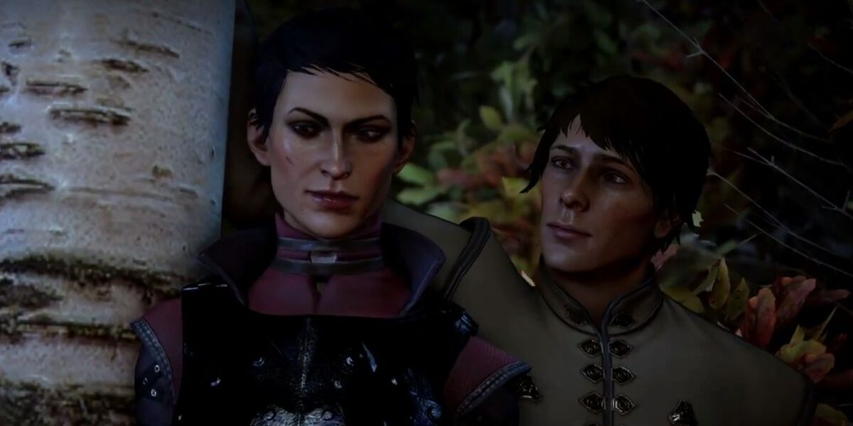 Cassandra leaning against tree with Inquisitor.