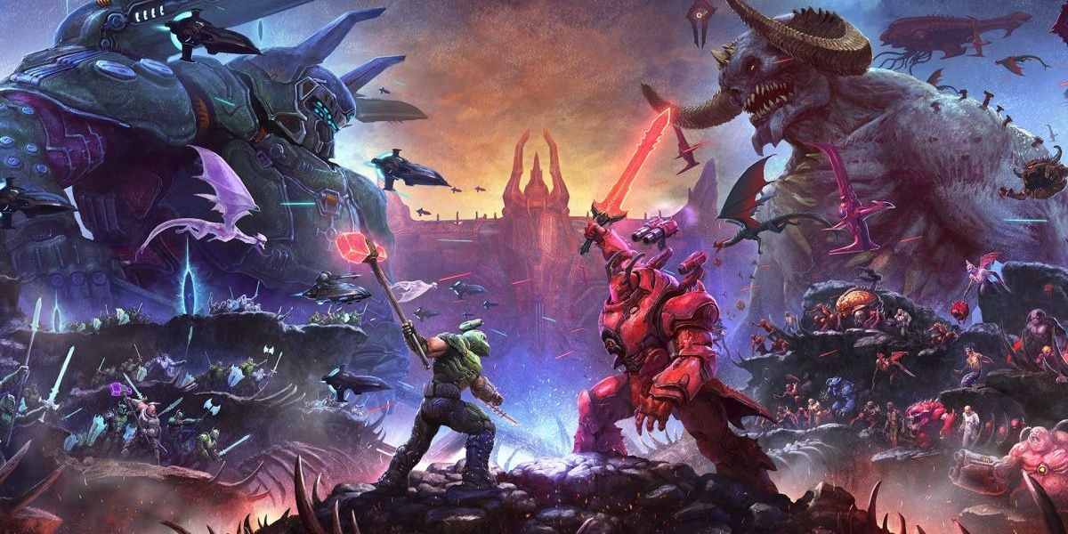 A picture depicting the climactic battle in Doom Eternal - The Ancient Gods Part 2