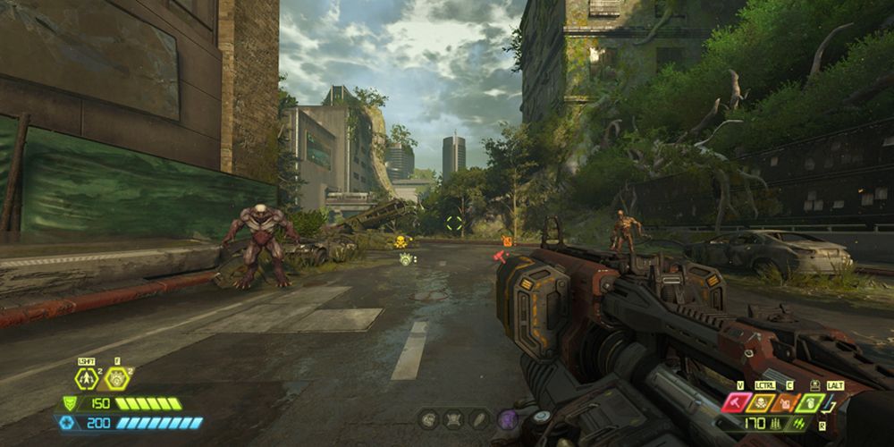 A screenshot from Doom Eternal Ancient Gods Part 2 showing the new crosshair