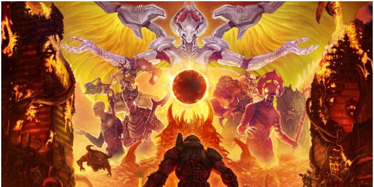 The Doom Slayer staring down a host of divine beings in Doom Eternal
