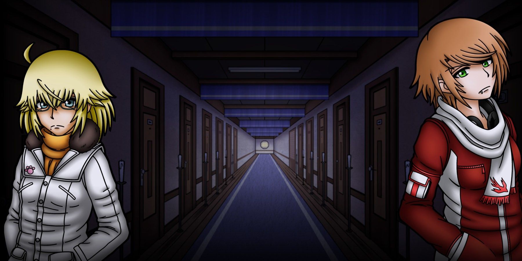 Two women in a dark hallway. 