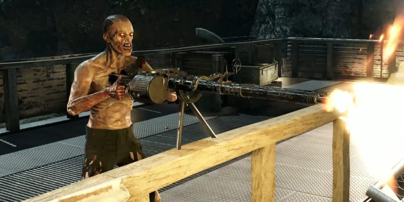 A zombie fires off a mounted turret