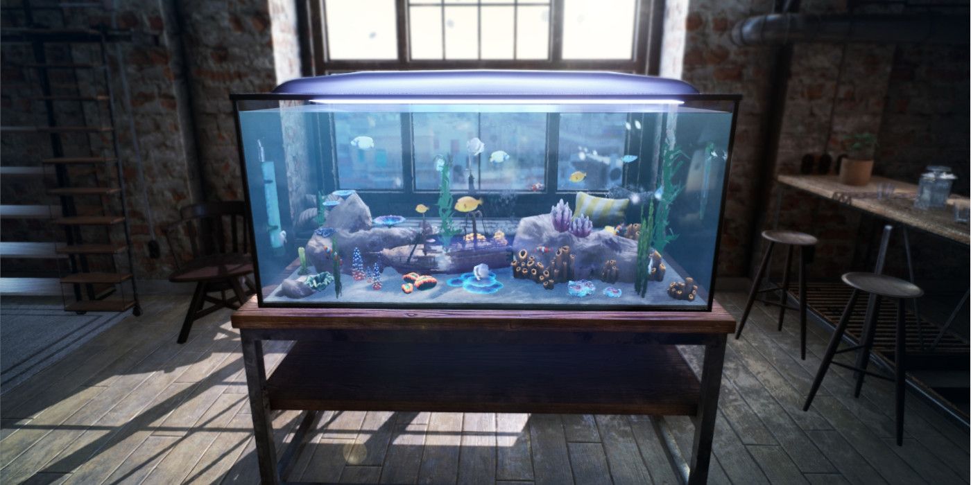 an aquarium set in the middle of an industrial attic space