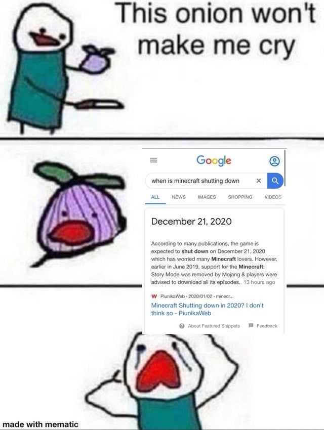 a meme where an onion makes a person cry because it shows them a google search that misleadingly suggest minecraft is shutting down in December of 2020