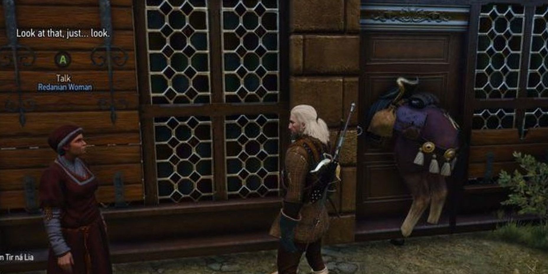 Geralt stood by NPCs with Roach in a doorway