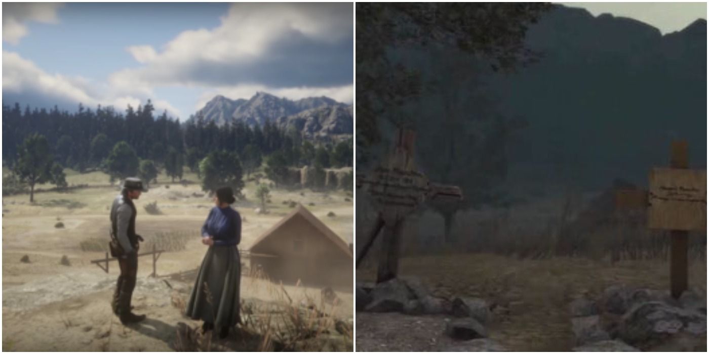 John and Abigail stand in the exact spots (left) they are eventually buried at in the RDR 1 (right)