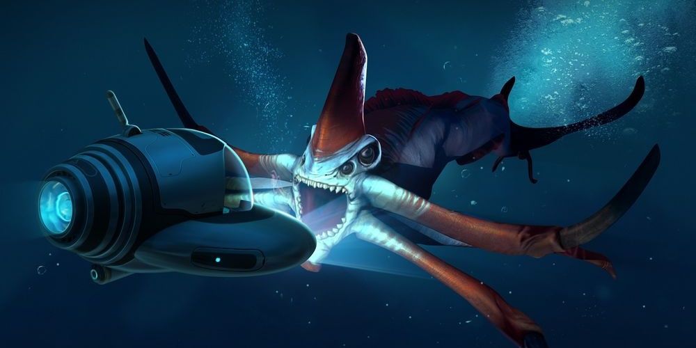 A submersible being attacked by a reaper in Subnautica