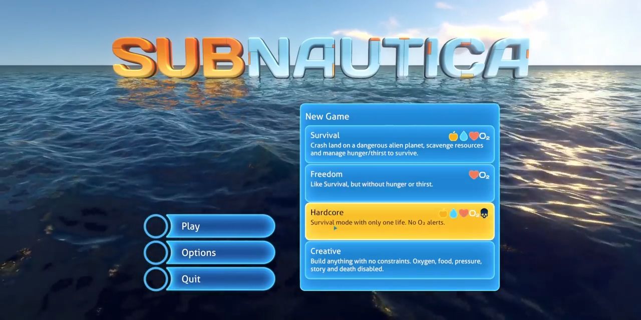 The start menu with Hardcore Mode selected in Subnautica