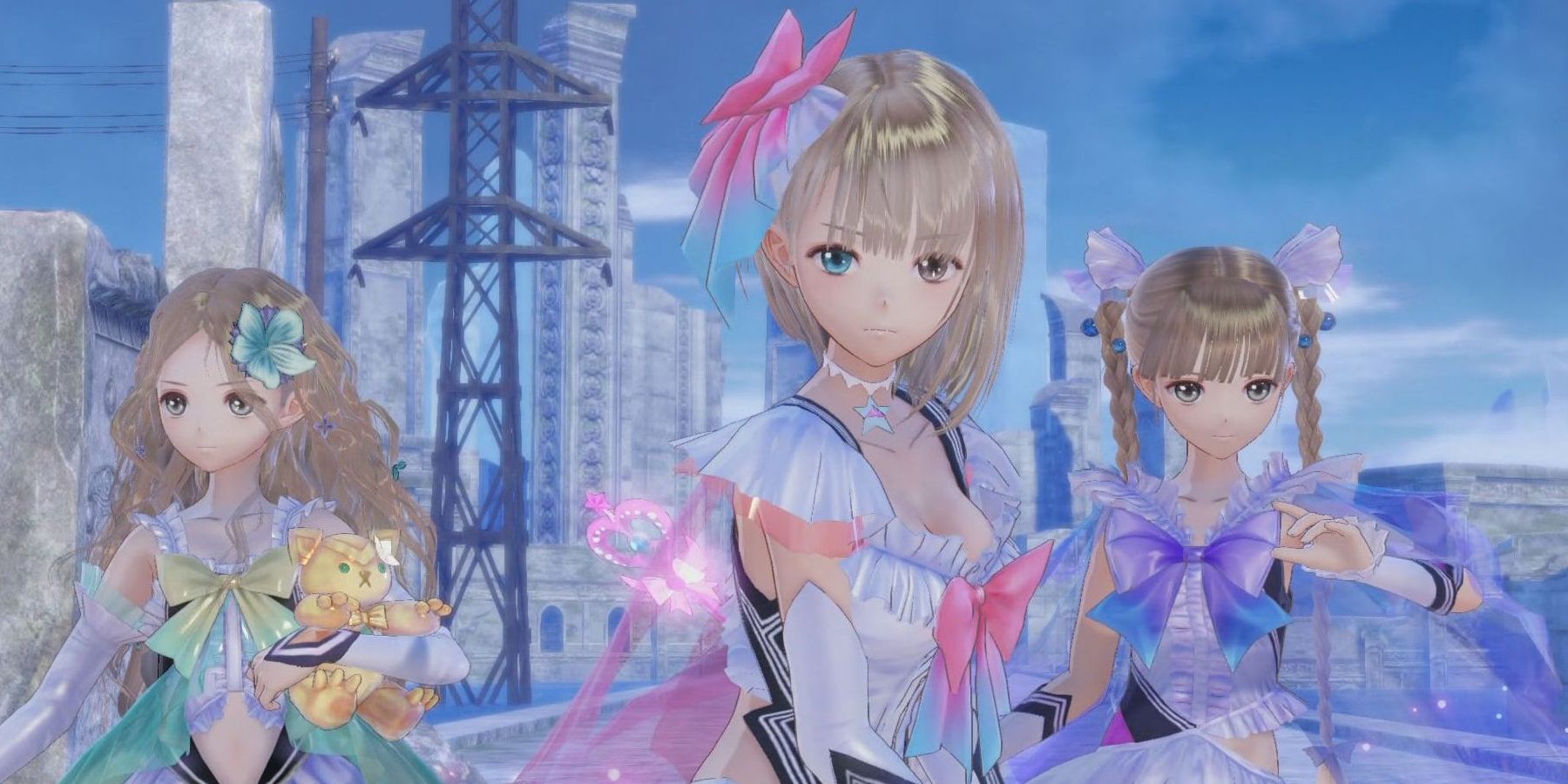 Three girls in frilly sailor magical girl outfits.