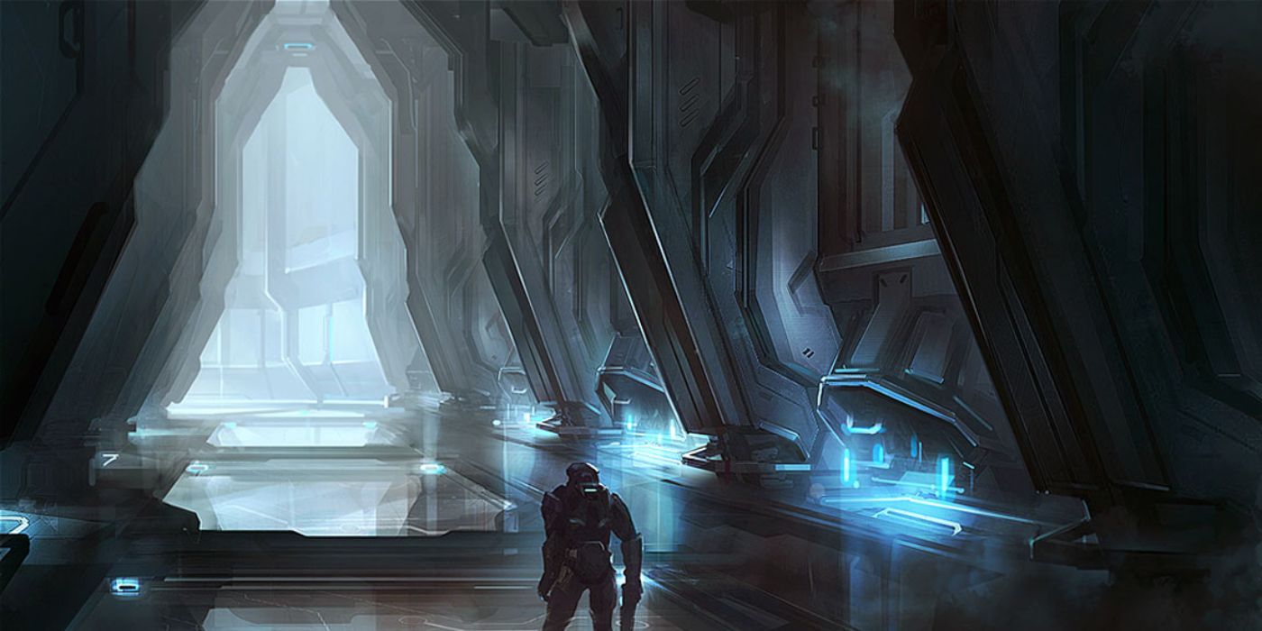A spartan walks down a Forerunner hallway.