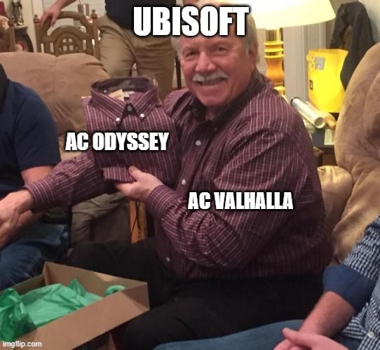 AC Odyssey Vs AC Valhalla Meme Old White Man Wearing Shirt And Receiving Exact Same Shirt As A Gift