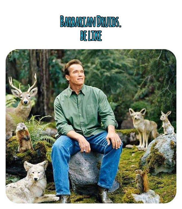Arnold Schwarzenegger sitting among critters and small animals