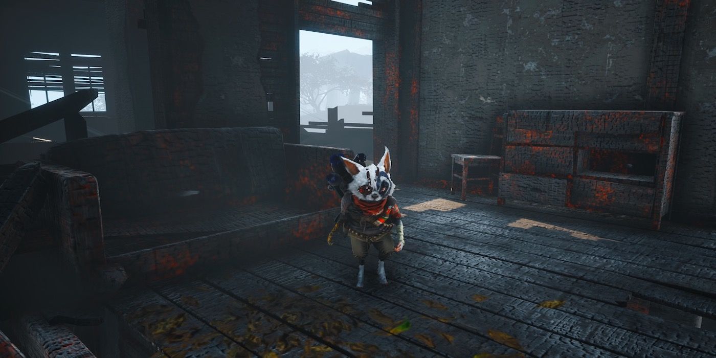 Your character in a burned building from Biomutant