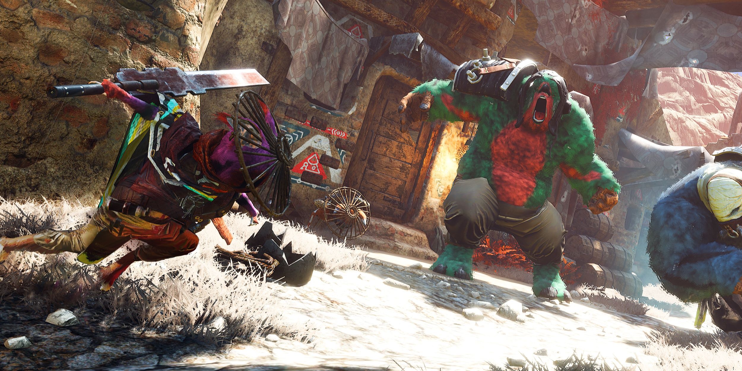 Player getting ready to swing their blade at an oncoming enemy in Biomutant.