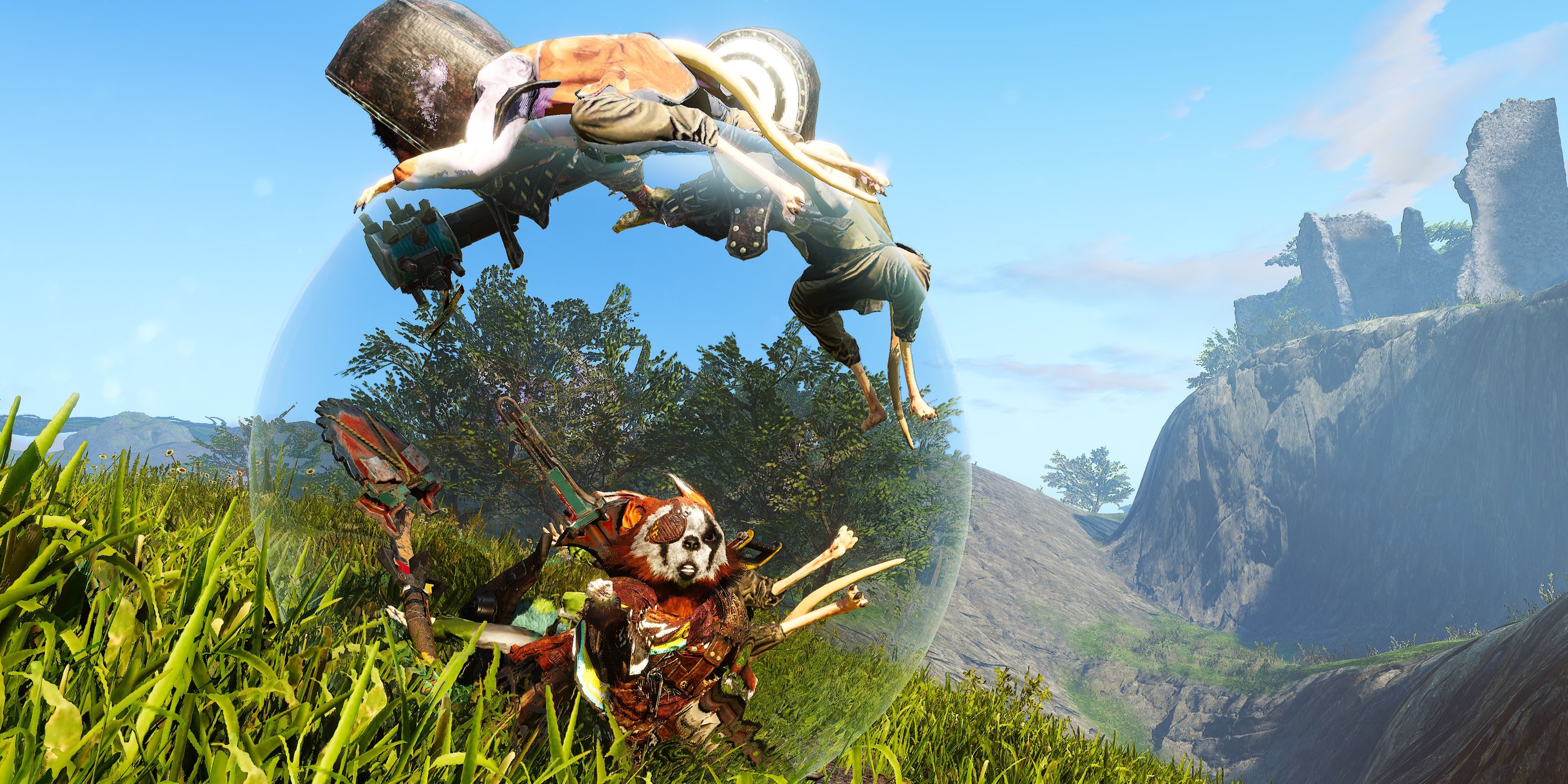 Biomutant Mucus Bubble Mutation - The player is inside a bubble of mucus with enemies stuck on the outside of it.