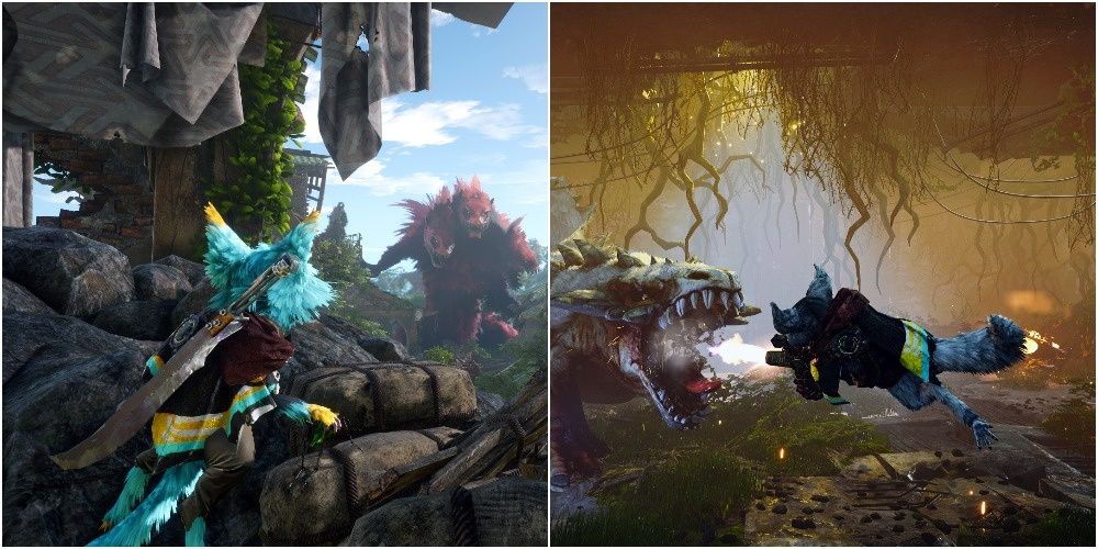 Biomutant Wung-Fu - Left image shows character with a sword on its back and the right image shows the player shooting at a monster.