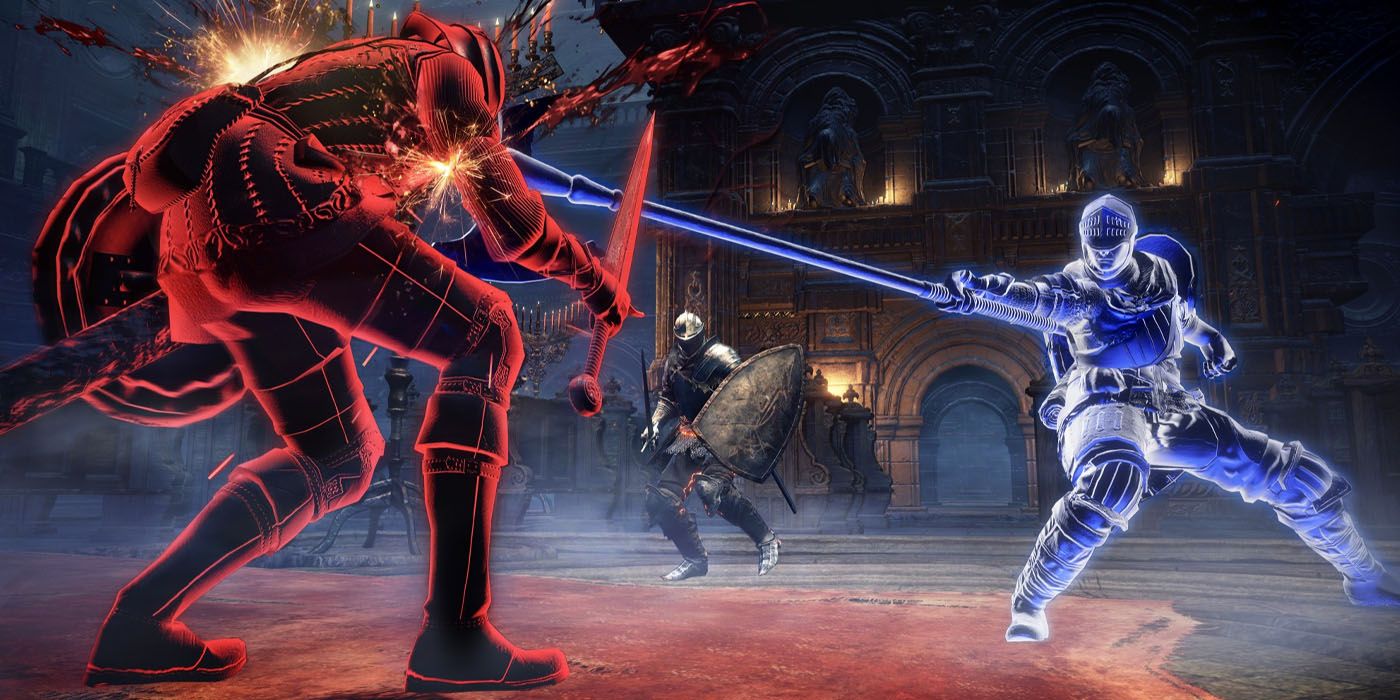 A red knight receiving a hit from a long range weapon by a blue knight.