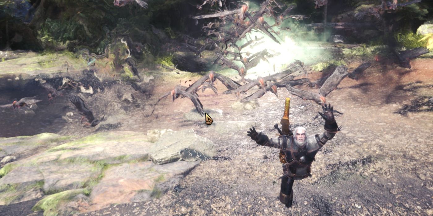 Monster Hunter World: Geralt In MHW Full-Diving Away From A Flock Of Monsters