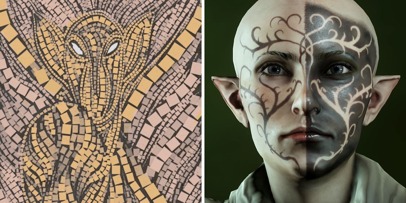 Dragon Age Inquisition Elgar'nan, God of Vengence Vallaslin and Mural Split Image