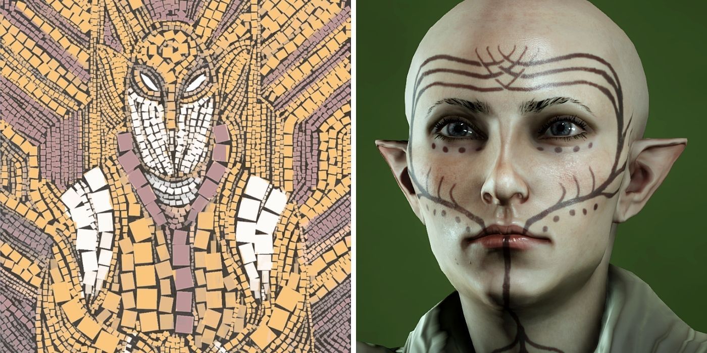 Dragon Age Inquisition June God of the Craft, Vallaslin and Mural Split Image
