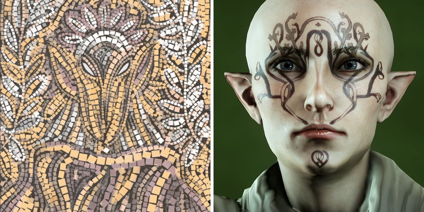 Dragon Age Inquisition Sylaise, the Hearthkeeper, Vallaslin and Mural Split Image