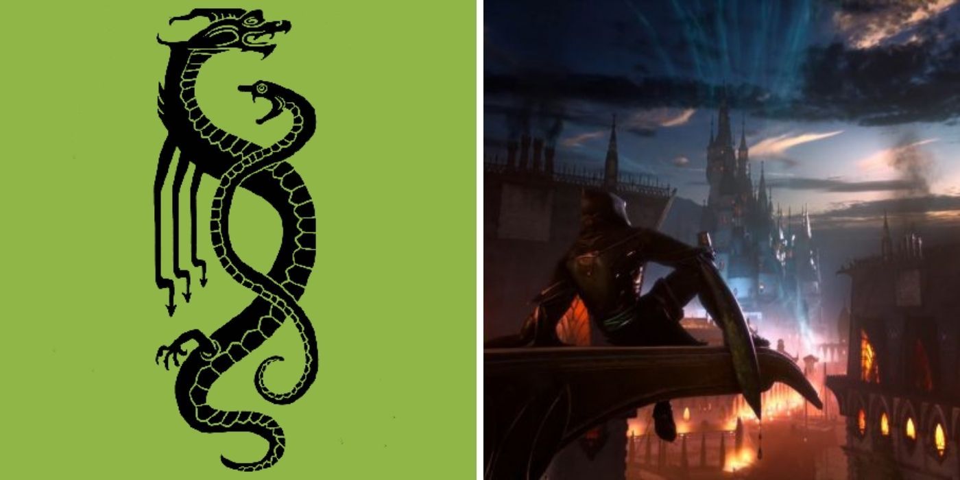 Dragon Age Split Image - Dragon Age 4 Teaser Image of Tevinter on Right, Tevinter Family Heraldry on Left