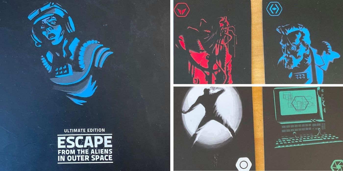 Escape From The Aliens In Outer Space: Board game box cover - An Alien Card - A Human card - A Silent in all sectors card - A green escape pod card