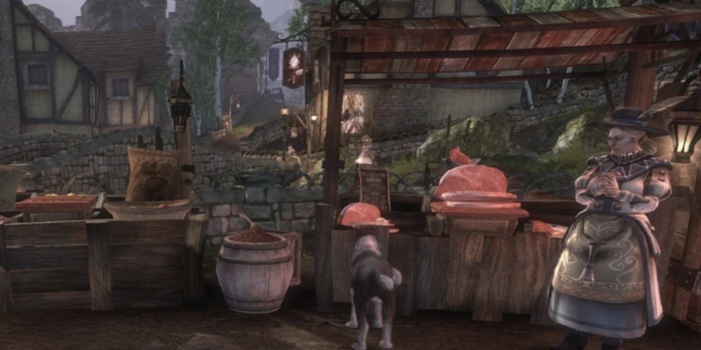 Fable Character and Dog At Market Stall