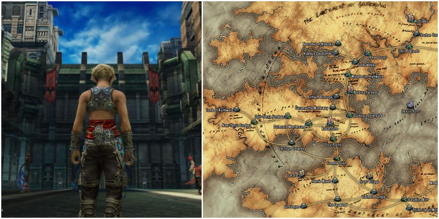 Split image showing Final Fantasy 12's Vaan at Rabanastre and the world map from that game