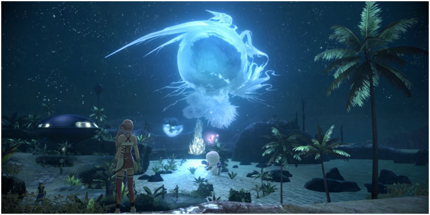 Serah stares at Cocoon in the distance while on a beach on Gran Pulse