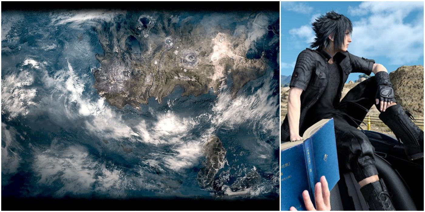 Split image showing art of Final Fantasy 15's world map and Noctis in a car