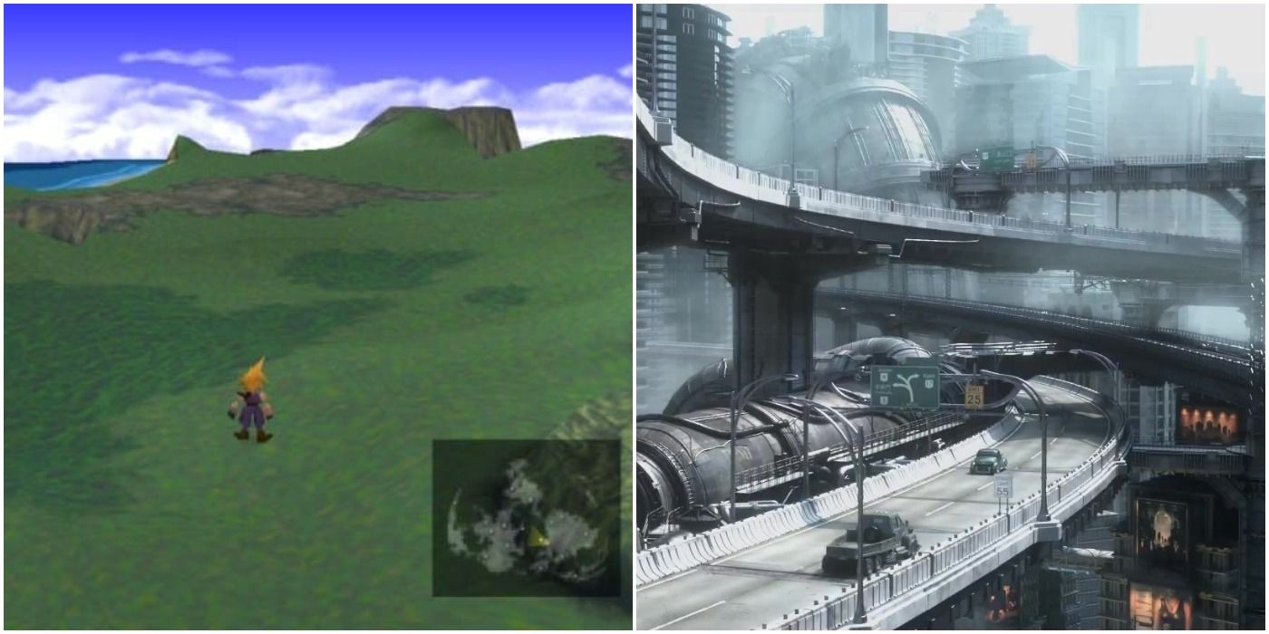 Split image showing cloud on the world map and midgar from final fantasy 7 remake's intro
