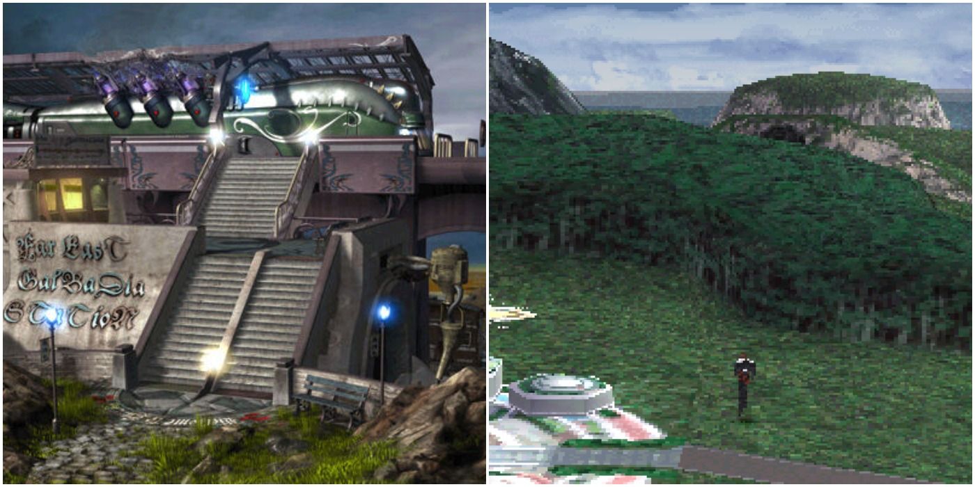 Split image showing a train station from final fantasy 8 and squall on the world map near balamb garden