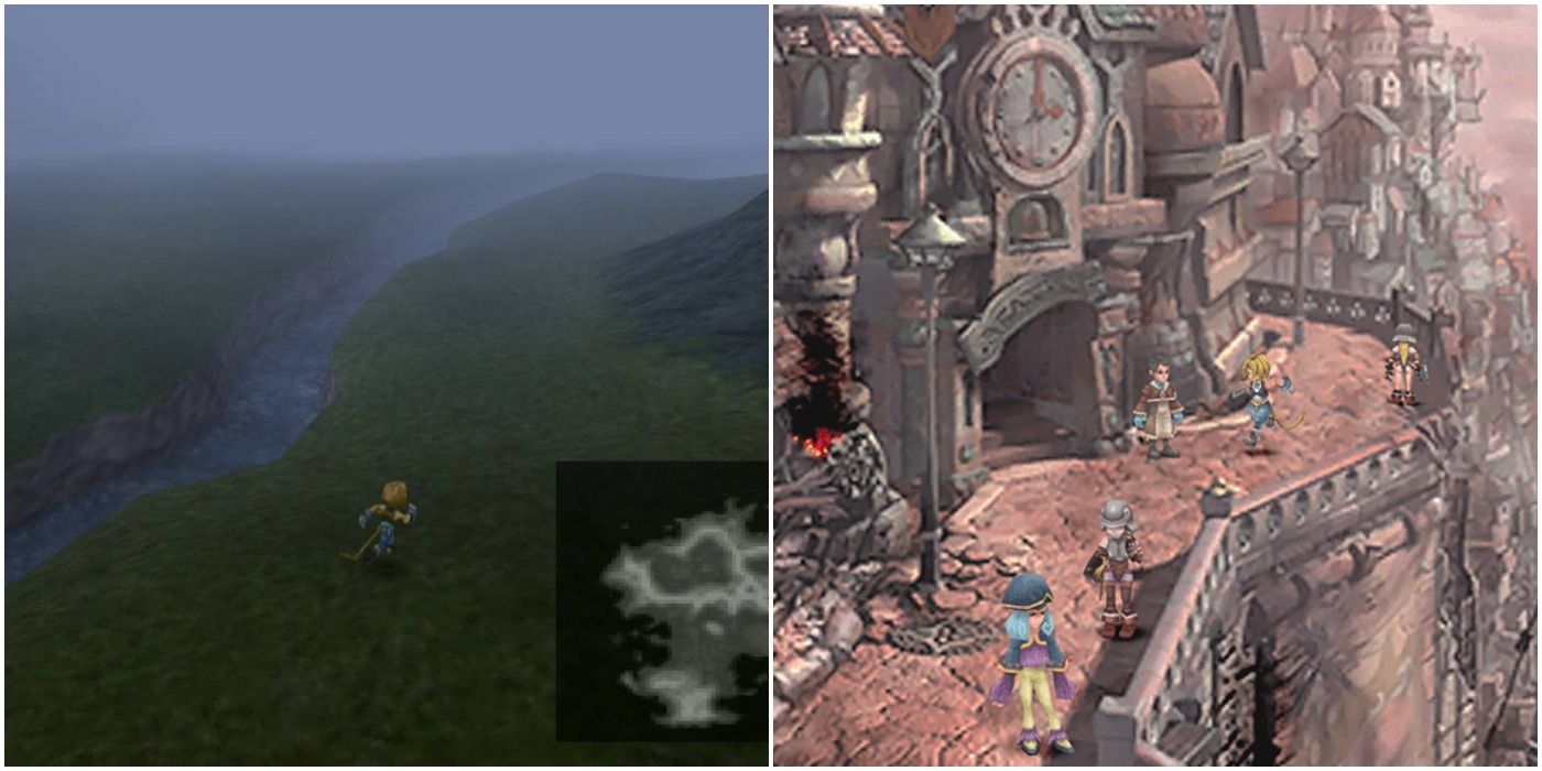Split image showing final fantasy 9's world map and zidane in the city of lindblum