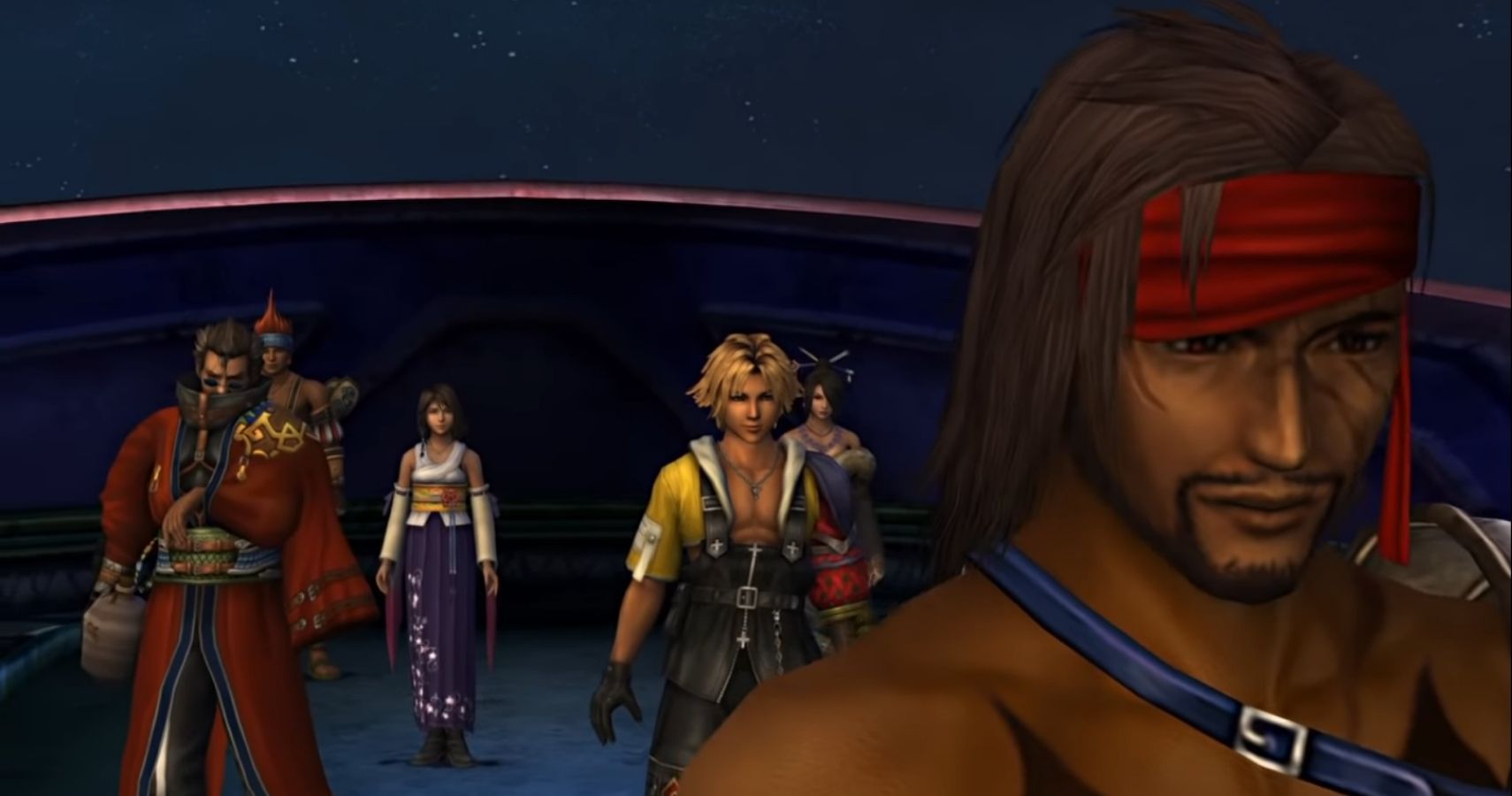 Jecht facing away from the group in Final Fantasy 10