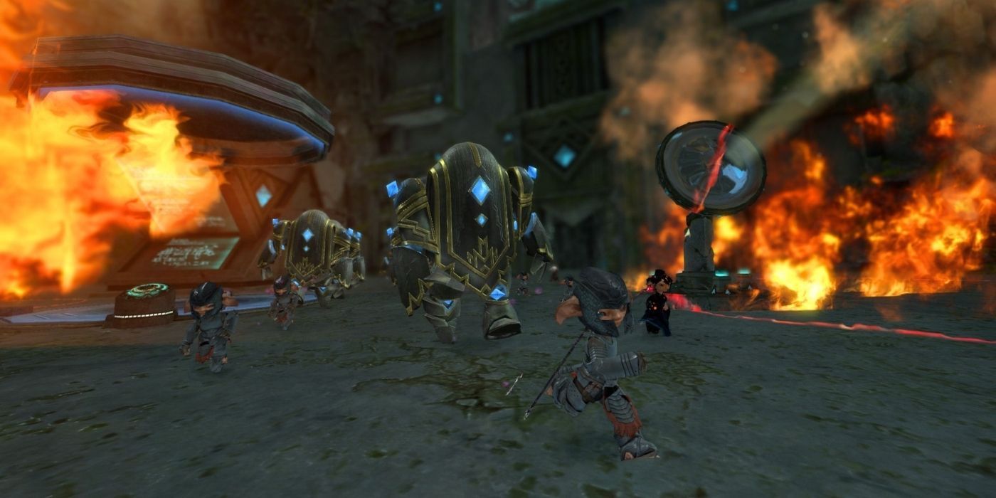 Guild Wars 2 Asura and Robots Running Away From Fire